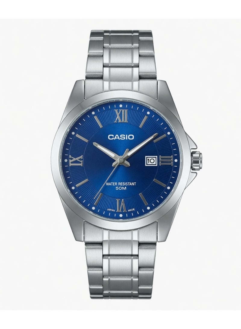 Casio Men's Classic Analog Watch - Blue Dial, Roman Numerals, Stainless Steel Band - MTP-V004D-2B