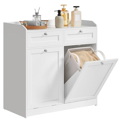 VASAGLE Bathroom Laundry Cabinet with Basket with 2 Drawers and 2 Hidden Laundry Hampers Freestanding TiltOut Laundry Baskets with Handles 311 x 158 x 315 Inches Cloud White UBBC751W01