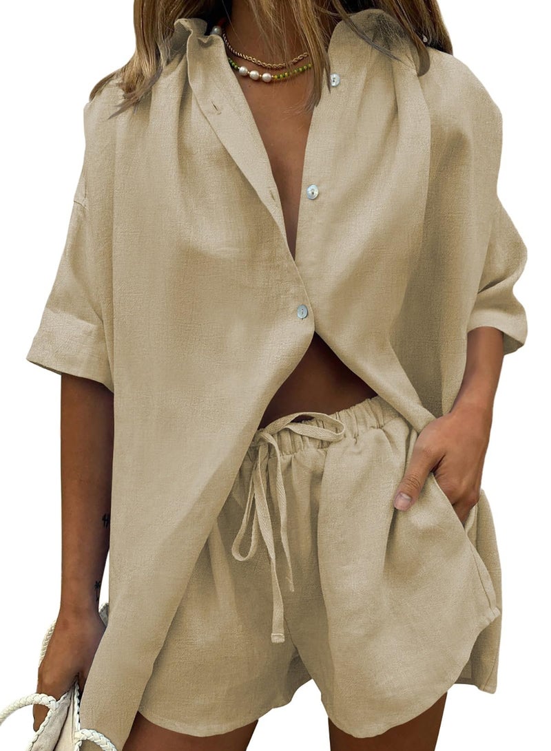 Fixmatti 2 Piece Tracksuit Beach Outfit Casual Shirt and Shorts Set for Women Khaki M - Image 1