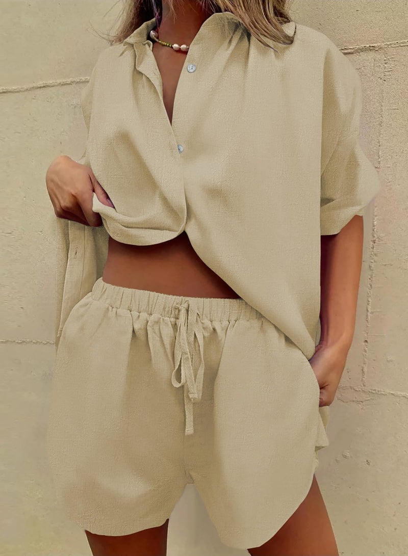 Fixmatti 2 Piece Tracksuit Beach Outfit Casual Shirt and Shorts Set for Women Khaki M - Image 5