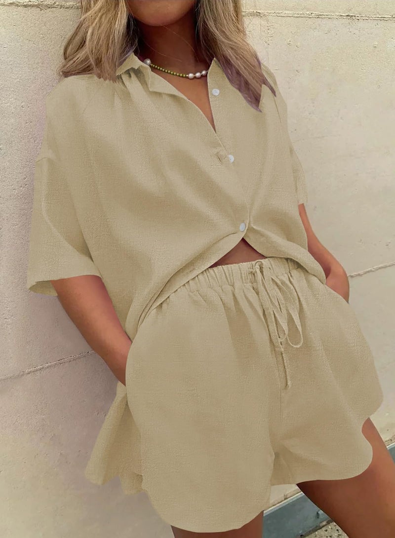 Fixmatti 2 Piece Tracksuit Beach Outfit Casual Shirt and Shorts Set for Women Khaki M - Image 4
