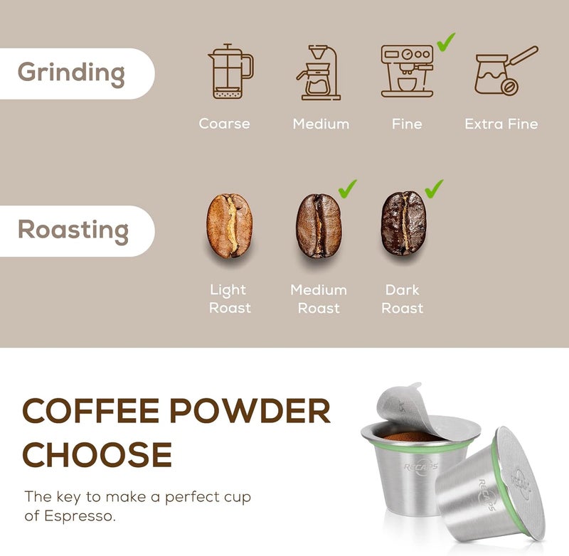 Recaps كبسولات فلتر القهوة القابلة لإعادة الاستخدام متوافقة مع نسبرسو الأصلية 3 قطع كبسولات قهوة قابلة لإعادة التعبئة فلتر قهوة دائم من الفولاذ المقاوم للصدأ 120 قطعة أغطية من رقائق الألومنيوم مكبس قهوة - Image 3