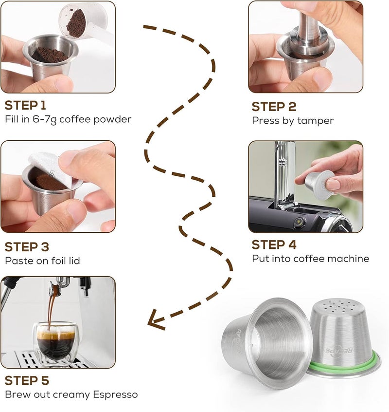 Recaps كبسولات فلتر القهوة القابلة لإعادة الاستخدام متوافقة مع نسبرسو الأصلية 3 قطع كبسولات قهوة قابلة لإعادة التعبئة فلتر قهوة دائم من الفولاذ المقاوم للصدأ 120 قطعة أغطية من رقائق الألومنيوم مكبس قهوة - Image 5