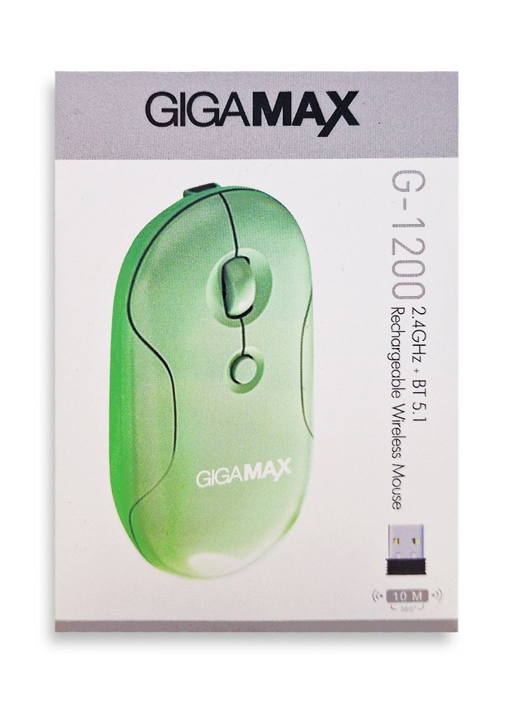 Gigamax - Wireless Desk office Mouse, G-1200, 1600 DPI Wired/Wireless Functional Mouse with 3 Modes Connectivity, Bluetooth and 2.4G Wireless, 4 Macro Buttons, Long Lasting Rechargeable Battery Capacity and for PC/Mac/Laptop , Green - Image 1