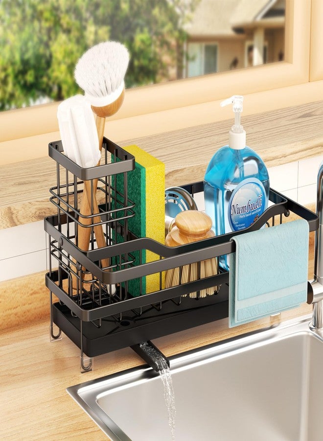 GUUKAR Sponge Holder for Kitchen Sink, Self-draining Sink Organizer with Towel Rack and Brush Holder, Metal Kitchen Sink Organizer for Countertop, Black - Image 1