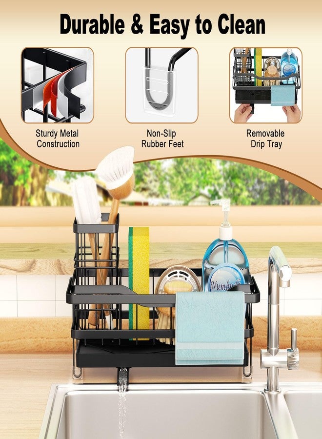 GUUKAR Sponge Holder for Kitchen Sink, Self-draining Sink Organizer with Towel Rack and Brush Holder, Metal Kitchen Sink Organizer for Countertop, Black - Image 2