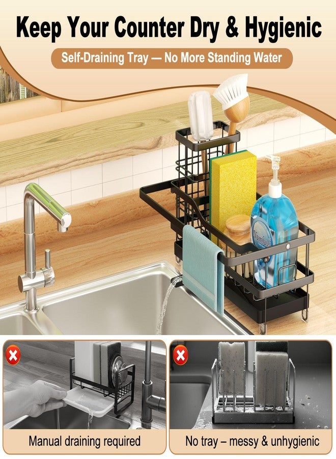 GUUKAR Sponge Holder for Kitchen Sink, Self-draining Sink Organizer with Towel Rack and Brush Holder, Metal Kitchen Sink Organizer for Countertop, Black - Image 5