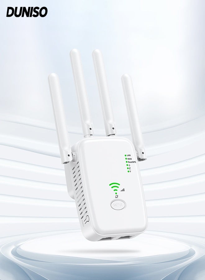 DUNISO WiFi Repeater, Network Extender, Intelligent WiFi Range Extender, 300mbps, With Four Antennas, 5g/2.4g Dual Band WiFi Extender, Ac300 WiFi Range Extender, Broadband/Wi-Fi Extender, One-Touch Setting, Plug And Play (White) - Image 1
