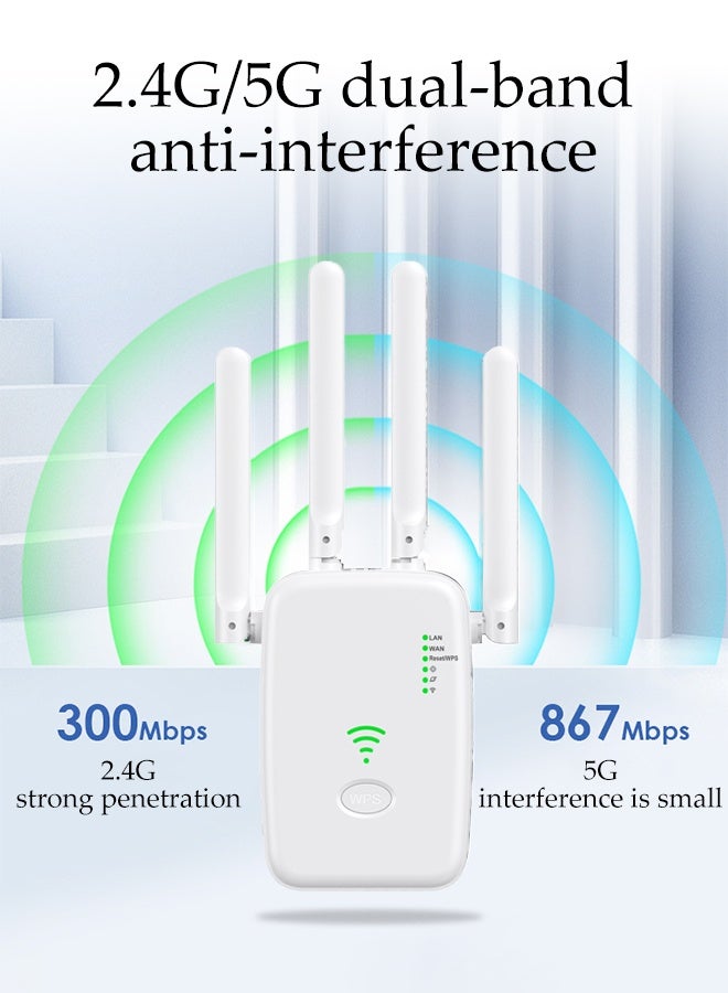 DUNISO WiFi Repeater, Network Extender, Intelligent WiFi Range Extender, 300mbps, With Four Antennas, 5g/2.4g Dual Band WiFi Extender, Ac300 WiFi Range Extender, Broadband/Wi-Fi Extender, One-Touch Setting, Plug And Play (White) - Image 5