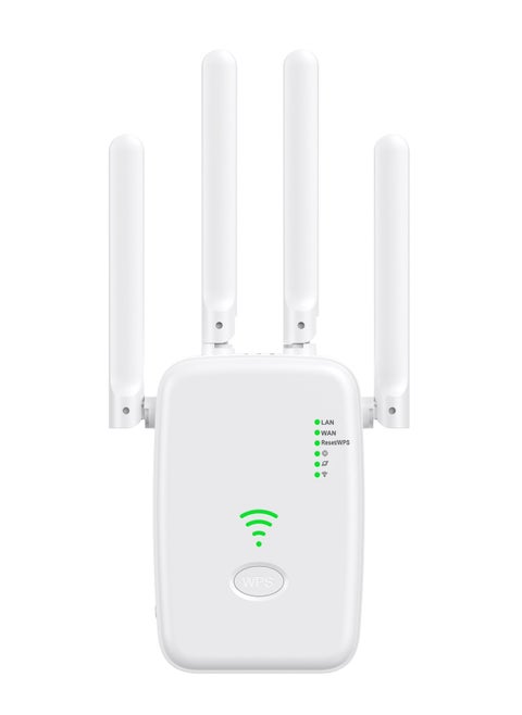 WiFi repeater, network extender, intelligent WiFi range extender, 300Mbps, with four antennas, can further expand network range, suitable for offices and homes (white)