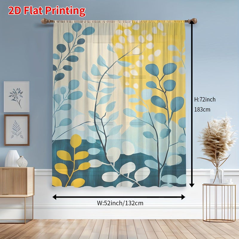 2D Flat Printing Curtain W52inch H63inch Creative Blue Yellow Watercolor Leaves Decor For Living Room Bedroom Dining Room Hallway Office Gym Kitchen Study Home - Image 5