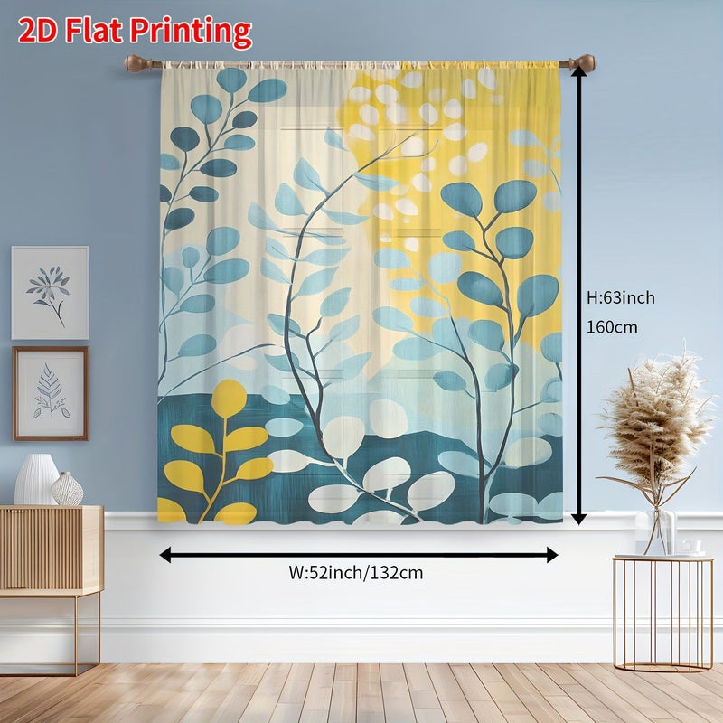 2D Flat Printing Curtain W52inch H63inch Creative Blue Yellow Watercolor Leaves Decor For Living Room Bedroom Dining Room Hallway Office Gym Kitchen Study Home - Image 3