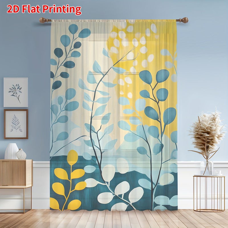 2D Flat Printing Curtain W52inch H63inch Creative Blue Yellow Watercolor Leaves Decor For Living Room Bedroom Dining Room Hallway Office Gym Kitchen Study Home - Image 1