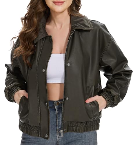 Fahsyee Womens Faux Leather Jacket Oversized Moto Biker Coat Vintage with Corduroy Collar XL - Image 1
