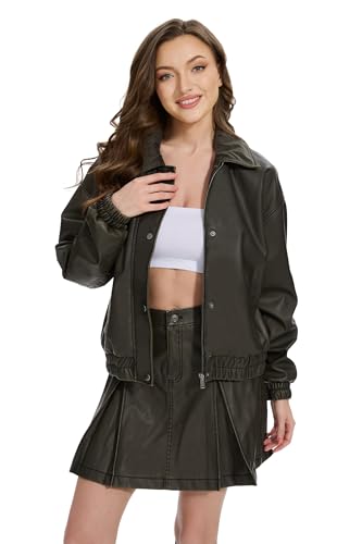Fahsyee Womens Faux Leather Jacket Oversized Moto Biker Coat Vintage with Corduroy Collar XL - Image 3