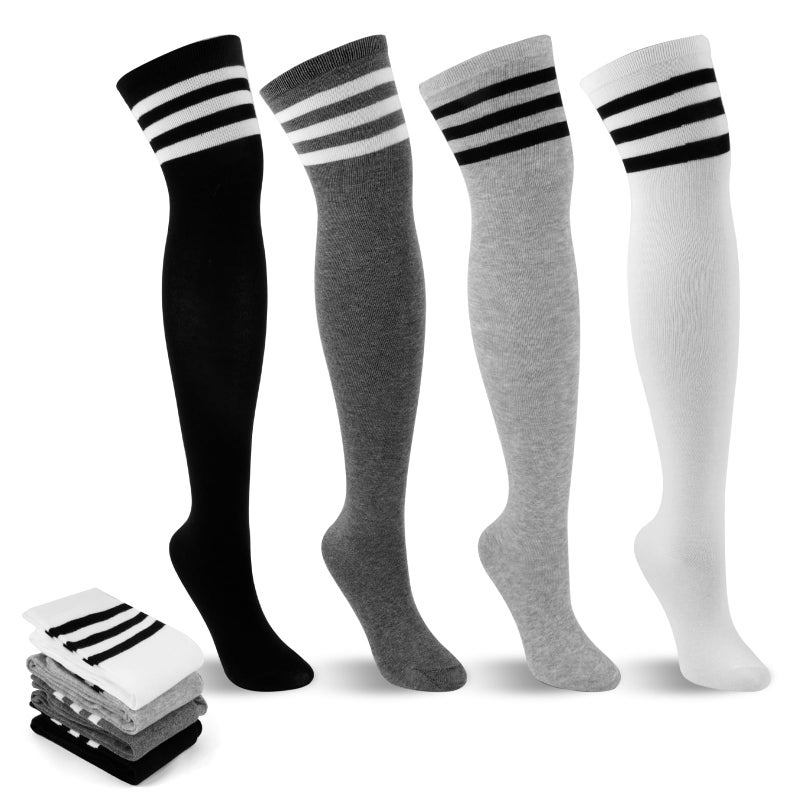 Okxiri 4 Pack Thigh High Socks, Striped Over the Knee Socks for Women, Soft Stretchy High Socks Warmer for Cosplay, Daily Wear, and Boots - Image 1