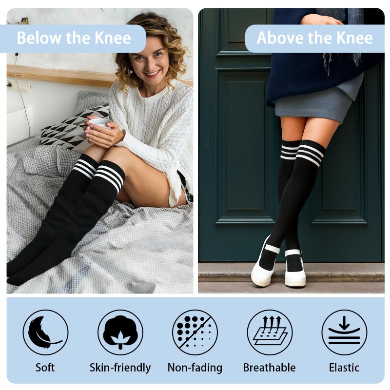 Okxiri 4 Pack Thigh High Socks, Striped Over the Knee Socks for Women, Soft Stretchy High Socks Warmer for Cosplay, Daily Wear, and Boots - Image 4