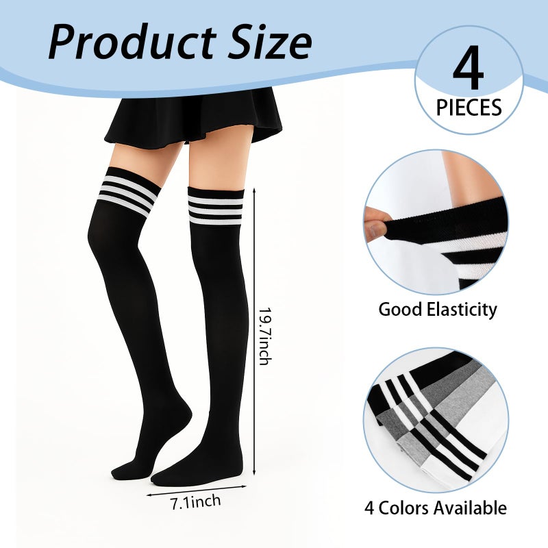 Okxiri 4 Pack Thigh High Socks, Striped Over the Knee Socks for Women, Soft Stretchy High Socks Warmer for Cosplay, Daily Wear, and Boots - Image 2