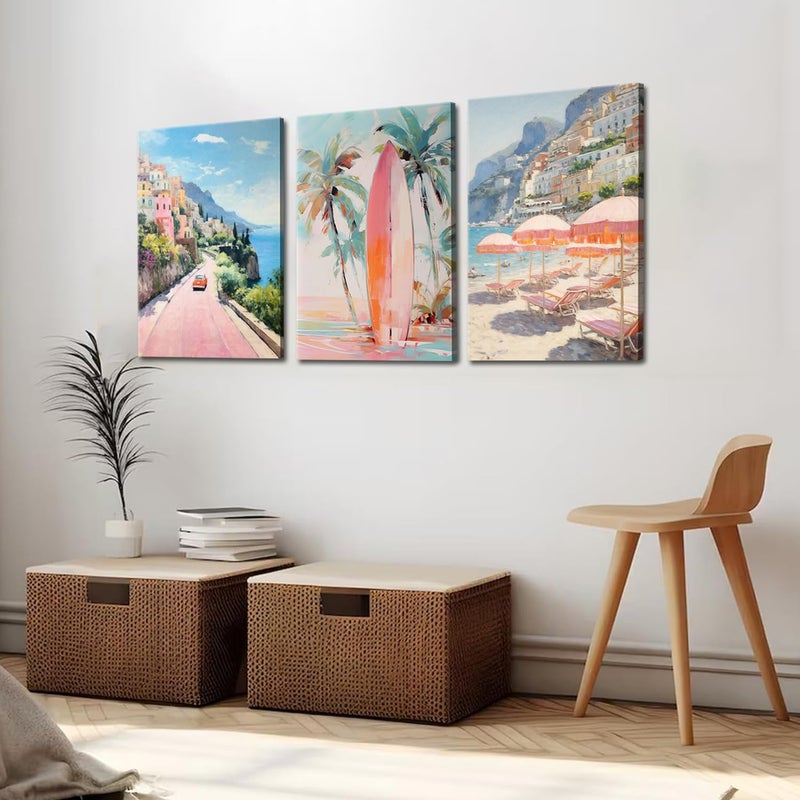 yulihaz Pink Beach Wall Art Set of 3, Preppy Coastal Wall Decor Paintings, Italy Amalfi Coast Poster Canvas Prints, Beachy Surf Pictures Aesthetic for Teen Girls Bedroom Living Room Dorm 12x16 inch Framed - Image 4