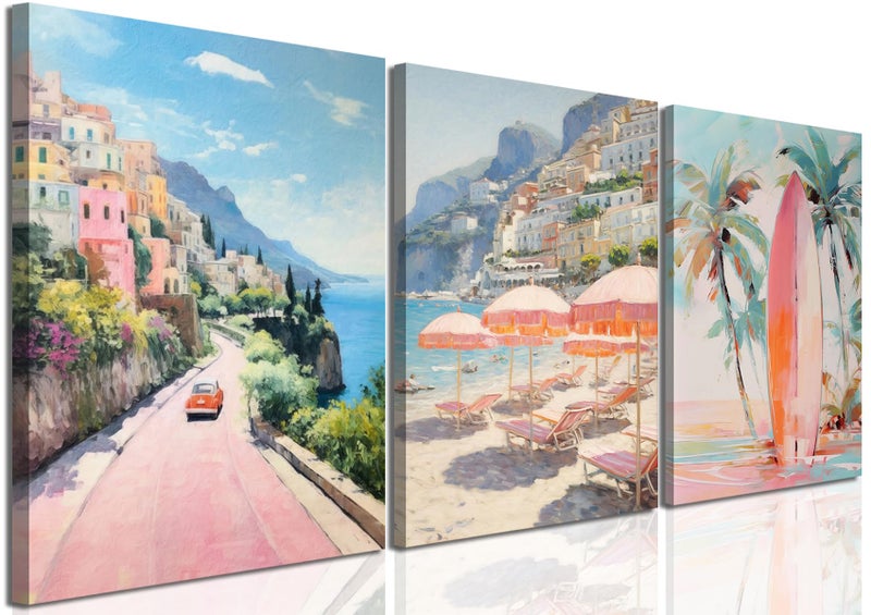 yulihaz Pink Beach Wall Art Set of 3, Preppy Coastal Wall Decor Paintings, Italy Amalfi Coast Poster Canvas Prints, Beachy Surf Pictures Aesthetic for Teen Girls Bedroom Living Room Dorm 12x16 inch Framed - Image 1