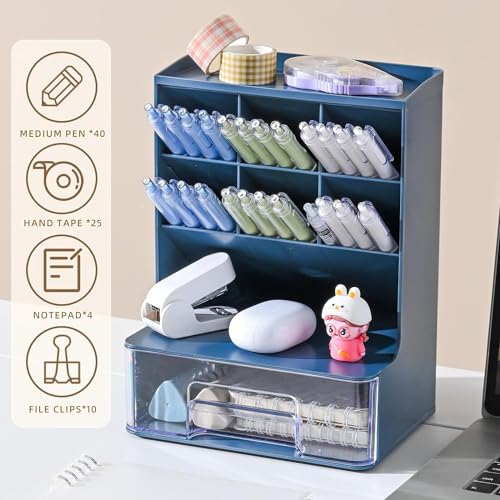 Home Cube Desk Organizer With Drawer Desktop Office Stationery Storage Box Desk Accessories Mobile Holder Table Organiser Study Table Desk Organizer (2020, Blue) - Plastic - Image 3