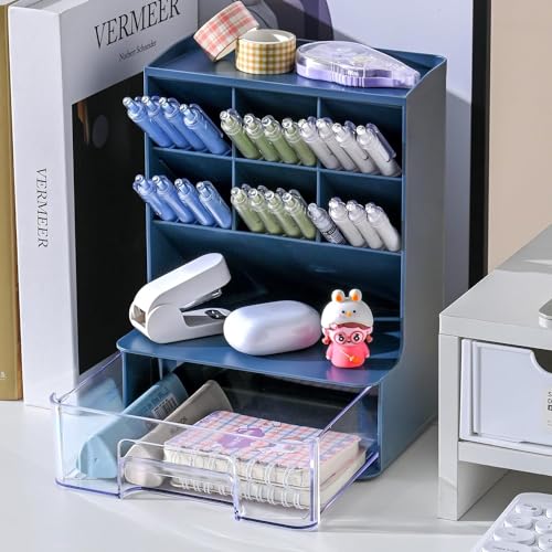 Home Cube Desk Organizer With Drawer Desktop Office Stationery Storage Box Desk Accessories Mobile Holder Table Organiser Study Table Desk Organizer (2020, Blue) - Plastic - Image 1
