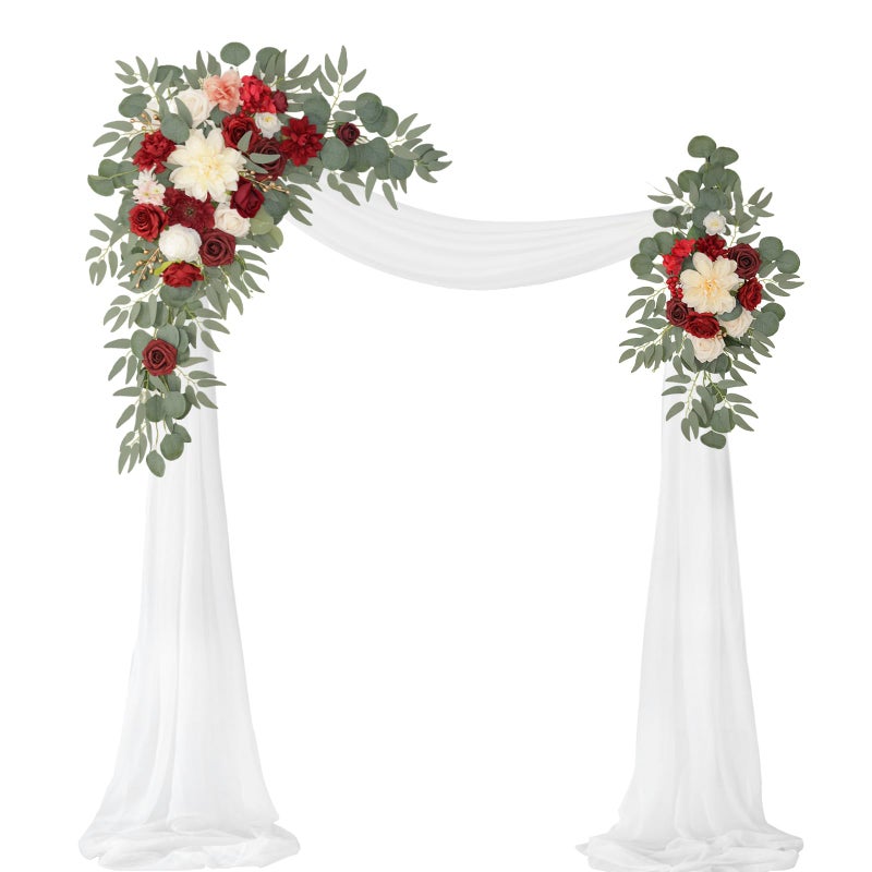 WEIERYUE Artificial Wedding Arch Flowers Kit(Pack of 3),2Pcs Artificial Flower Arch Decor,1Pcs Sheer Drape for Wedding Ceremony Arbor for WeddingCeremony (Burgundy Wedding) - Image 1