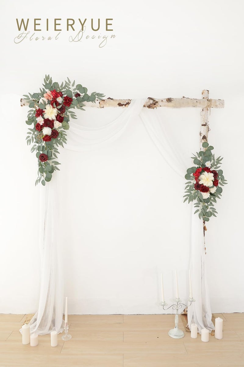 WEIERYUE Artificial Wedding Arch Flowers Kit(Pack of 3),2Pcs Artificial Flower Arch Decor,1Pcs Sheer Drape for Wedding Ceremony Arbor for WeddingCeremony (Burgundy Wedding) - Image 2