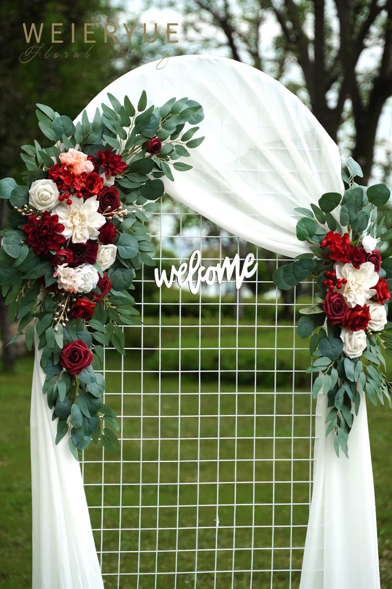 WEIERYUE Artificial Wedding Arch Flowers Kit(Pack of 3),2Pcs Artificial Flower Arch Decor,1Pcs Sheer Drape for Wedding Ceremony Arbor for WeddingCeremony (Burgundy Wedding) - Image 4