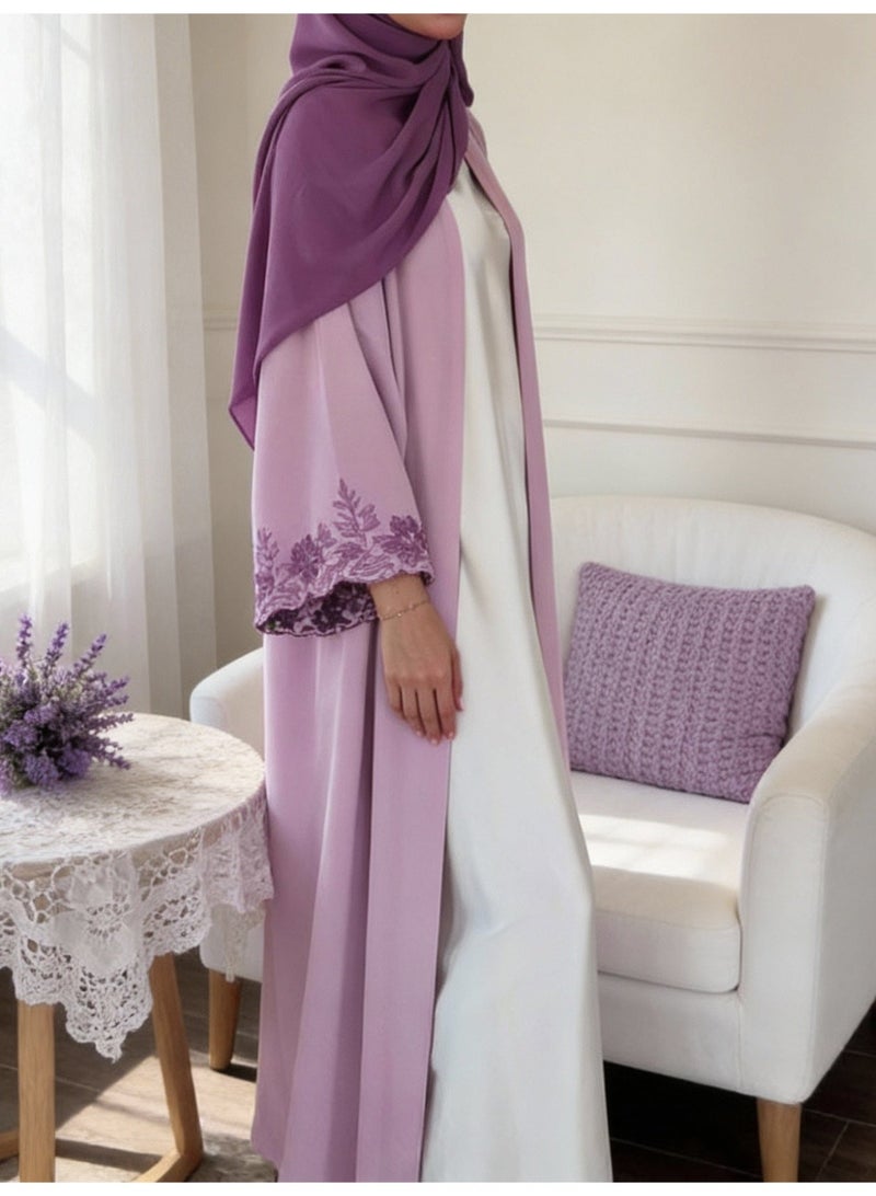 Women Purple Embroidery Open Front Abaya Set, Flared Long Sleeve Modest Maxi Dress with Hijab - Image 1