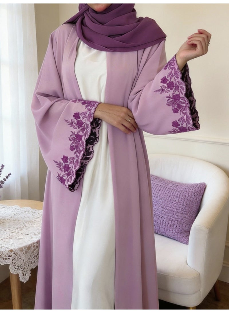 Women Purple Embroidery Open Front Abaya Set, Flared Long Sleeve Modest Maxi Dress with Hijab - Image 4