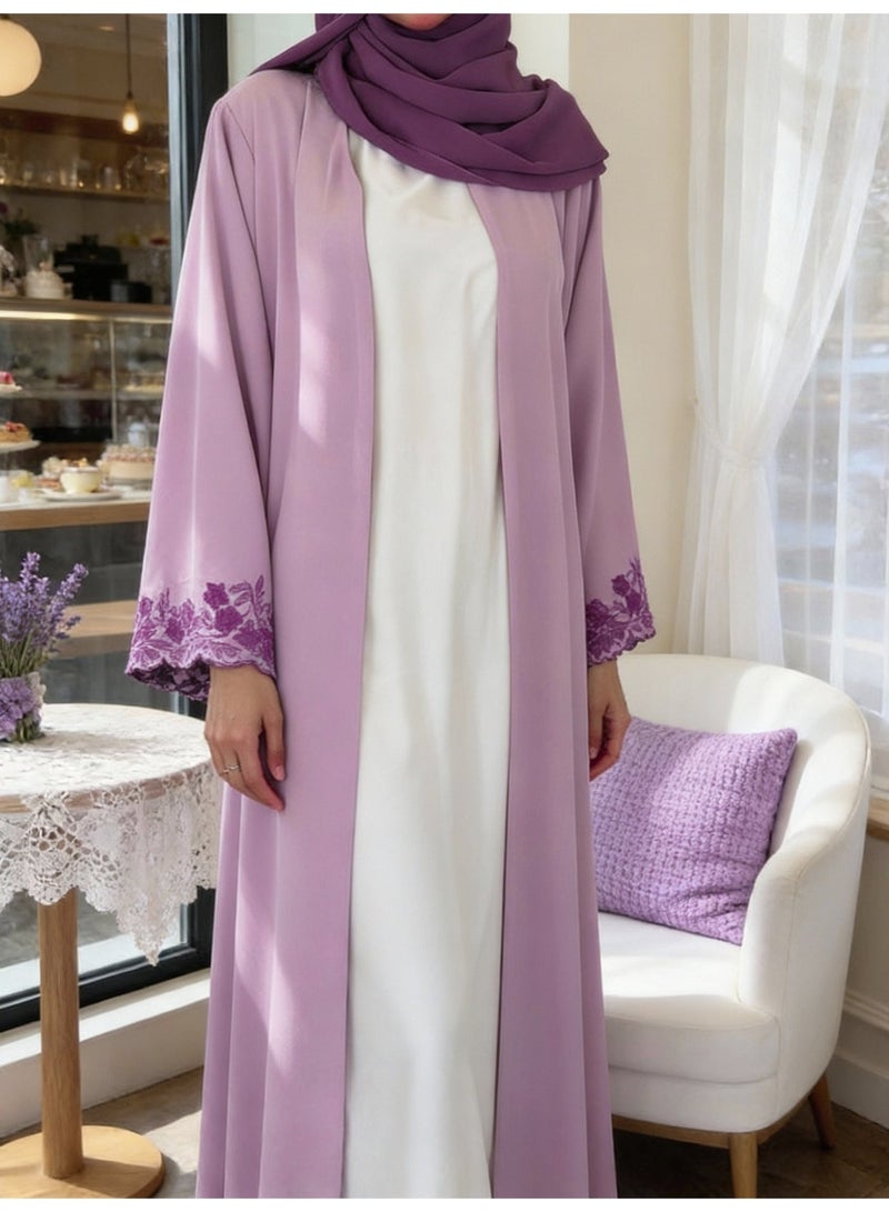 Women Purple Embroidery Open Front Abaya Set, Flared Long Sleeve Modest Maxi Dress with Hijab - Image 3