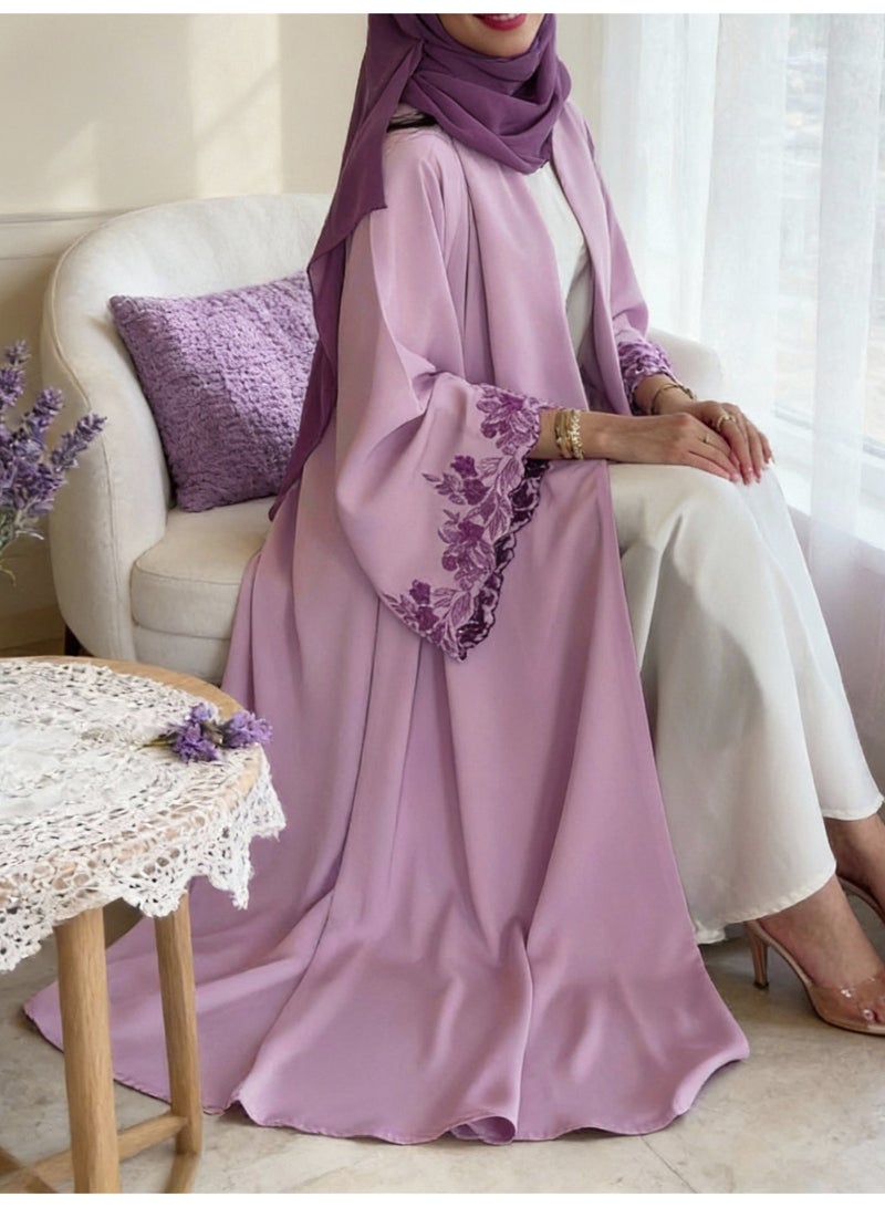 Women Purple Embroidery Open Front Abaya Set, Flared Long Sleeve Modest Maxi Dress with Hijab - Image 2