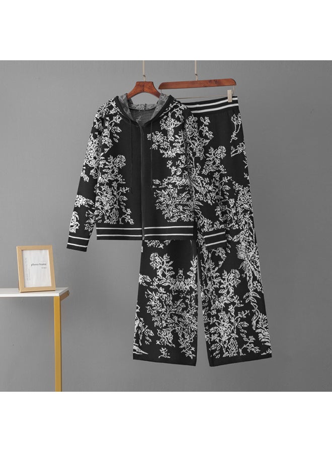 Cross-border European And American Fashion Brand EmbroideJacquard Suit Spring And Autumn Ink Painting Jacquard Loose Long-sleeved Knitted Top Wide-leg Pants