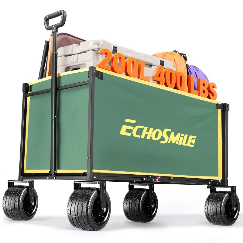 EchoSmile Collapsible Wagon Cart for Camping & Beach - Heavy Duty 400lbs Capacity All-Terrain Cart with Wide Wheels, Portable Folding Utility Wagon for Grocery, Garden, Sports,Green&Yellow - Image 1