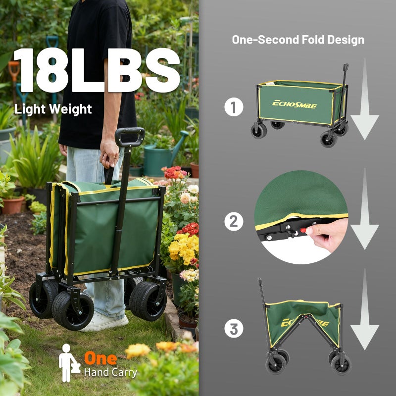EchoSmile Collapsible Wagon Cart for Camping & Beach - Heavy Duty 400lbs Capacity All-Terrain Cart with Wide Wheels, Portable Folding Utility Wagon for Grocery, Garden, Sports,Green&Yellow - Image 5