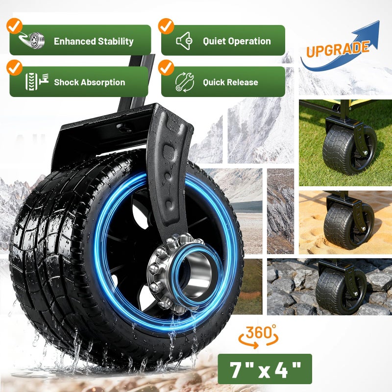 EchoSmile Collapsible Wagon Cart for Camping & Beach - Heavy Duty 400lbs Capacity All-Terrain Cart with Wide Wheels, Portable Folding Utility Wagon for Grocery, Garden, Sports,Green&Yellow - Image 4
