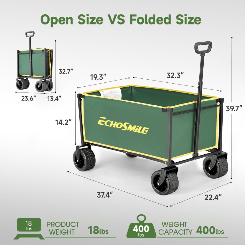 EchoSmile Collapsible Wagon Cart for Camping & Beach - Heavy Duty 400lbs Capacity All-Terrain Cart with Wide Wheels, Portable Folding Utility Wagon for Grocery, Garden, Sports,Green&Yellow - Image 2
