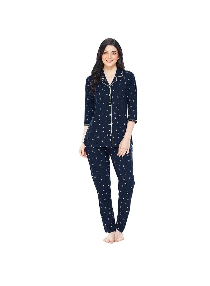Accessorize Kingdom Women's Cotton Star & Dot Printed Night Suit Set of Shirt & Pajama Set  - Image 1