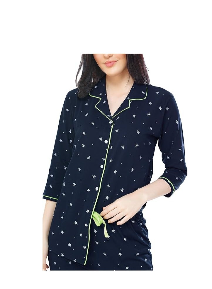 Accessorize Kingdom Women's Cotton Star & Dot Printed Night Suit Set of Shirt & Pajama Set  - Image 2