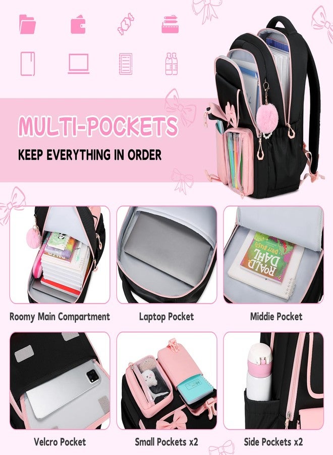 ASKSKY Girls Backpack, School Backpack for Girls, Cute Bow Kids Bookbag for Grils Children Teens for Elementary Middle High School Student, Back To School, Black Pink - Image 4