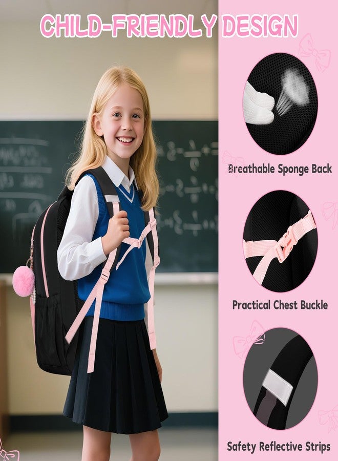 ASKSKY Girls Backpack, School Backpack for Girls, Cute Bow Kids Bookbag for Grils Children Teens for Elementary Middle High School Student, Back To School, Black Pink - Image 5
