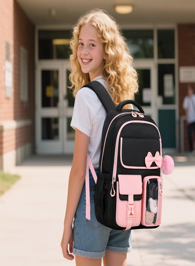 ASKSKY Girls Backpack, School Backpack for Girls, Cute Bow Kids Bookbag for Grils Children Teens for Elementary Middle High School Student, Back To School, Black Pink - Image 2