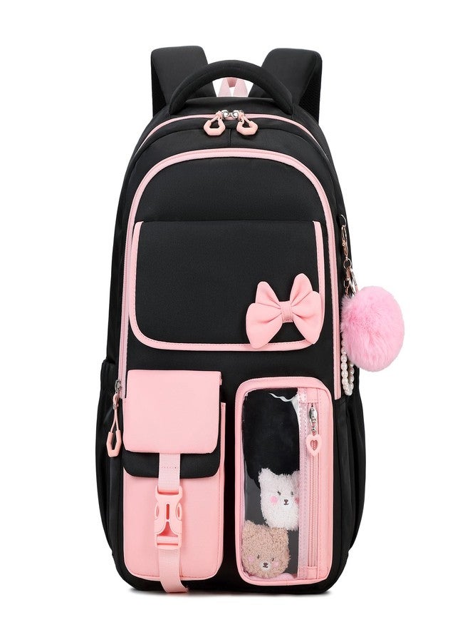 ASKSKY Girls Backpack, School Backpack for Girls, Cute Bow Kids Bookbag for Grils Children Teens for Elementary Middle High School Student, Back To School, Black Pink - Image 1