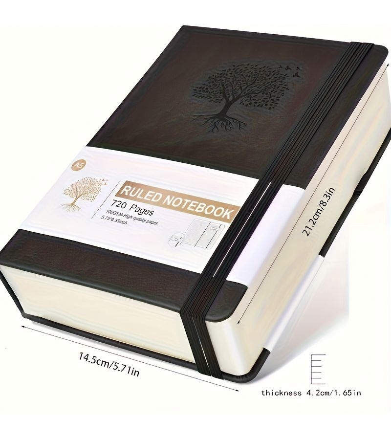 دفتر يوميات أسود بغلاف مقوى من جلد PU، 720 صفحة سميكة للكتابة اليومية - Image 2