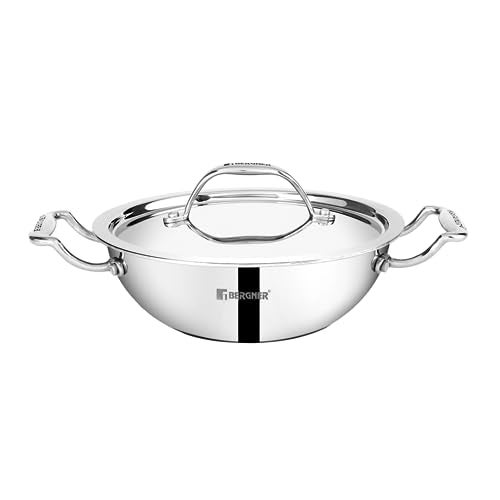 Bergner Argent Triply 5 Pcs Cookware Set - 24cm (2.5L) Kadai with Lid, 22cm Frypan, 16cm (1.6L) Saucepan with Lid, Less Oil Use, Healthy Cooking, Stay Cool Cast Handles - Induction and Gas Stove Ready - Image 3