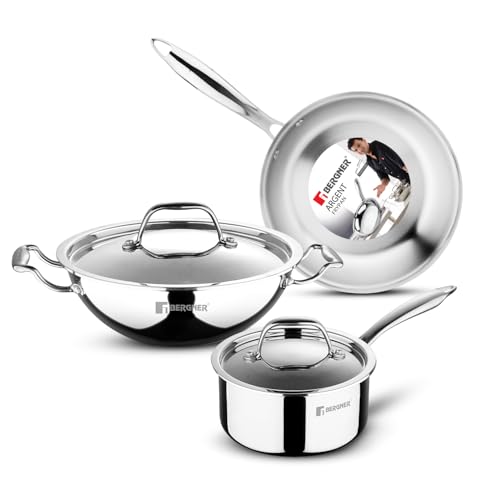 Bergner Argent Triply 5 Pcs Cookware Set - 24cm (2.5L) Kadai with Lid, 22cm Frypan, 16cm (1.6L) Saucepan with Lid, Less Oil Use, Healthy Cooking, Stay Cool Cast Handles - Induction and Gas Stove Ready - Image 1