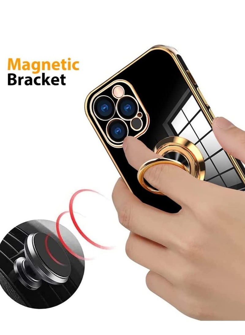 Compatible with iPhone 14 Pro Case with Screen Protector Plating Built-in 360 Rotation Magnetic Ring Kickstand Holder Soft Slim Edges Shockproof Bumper Protective Cover (Black)