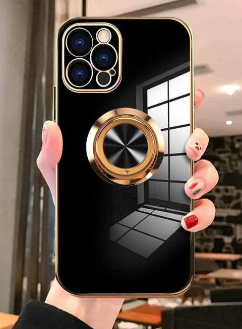Compatible with iPhone 14 Pro Case with Screen Protector Plating Built-in 360 Rotation Magnetic Ring Kickstand Holder Soft Slim Edges Shockproof Bumper Protective Cover (Black)