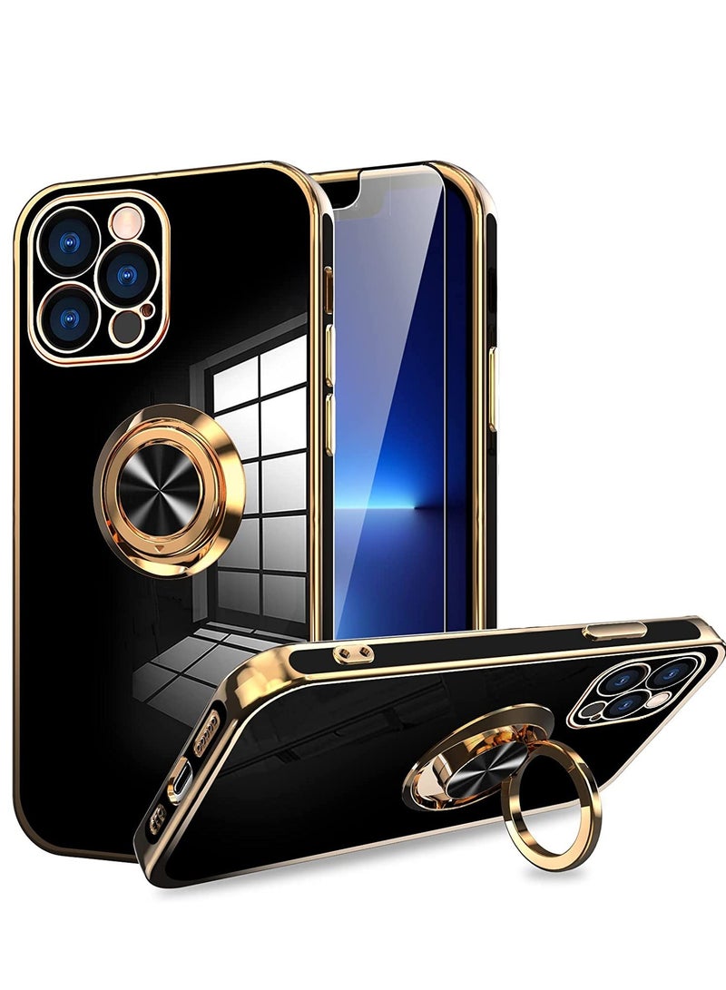 Compatible with iPhone 14 Pro Case with Screen Protector Plating Built-in 360 Rotation Magnetic Ring Kickstand Holder Soft Slim Edges Shockproof Bumper Protective Cover (Black)